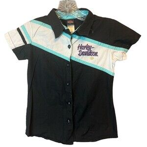 Harley Davidson Shirt Button Up Logo Short Sleeve Black Multicolor Kids Size 6X